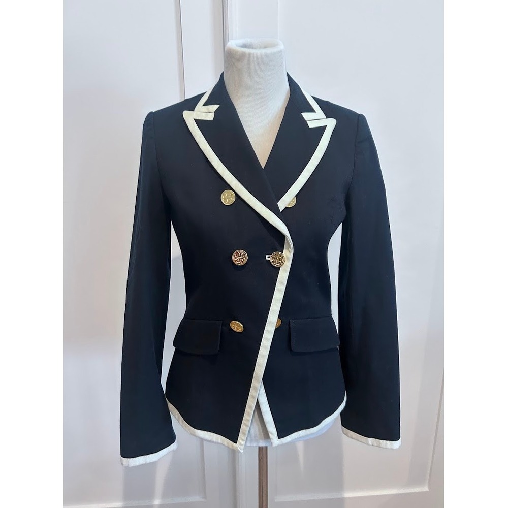 Tory Burch Navy Blue Double Breasted Blazer Gold Logo Buttons White Trim Size 6 - Picture 2 of 12